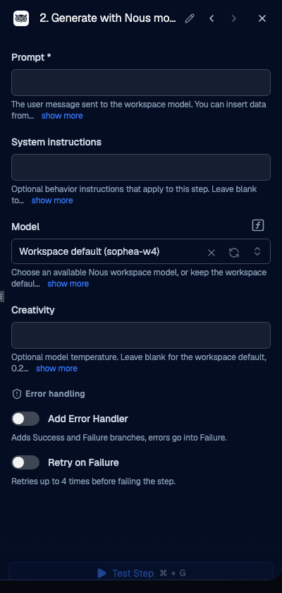 Ρυθμίσεις της ενέργειας Generate with Nous model με επιλεγμένο το Workspace default ως sophea-w4