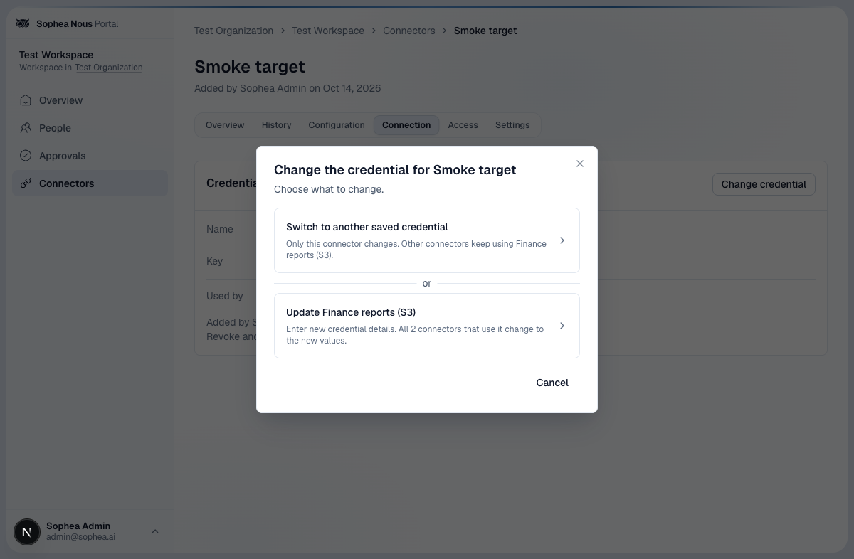 Παράθυρο Change credential του Portal, που ανοίγει από την καρτέλα Connection μιας σύνδεσης, με τις επιλογές Switch to another saved credential και Update, καθεμία με περιγραφή του πόσες συνδέσεις αλλάζει
