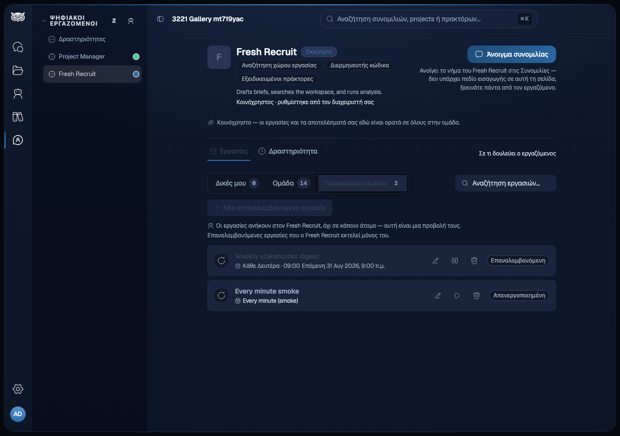 Ο πίνακας του Digital Employee στο Nous, στην καρτέλα Προγραμματισμένες, με την εργασία Εβδομαδιαία σύνοψη ενδιαφερομένων, την ετικέτα ρυθμού, την επόμενη εκτέλεση και τις ενέργειες Επεξεργασία, Απενεργοποίηση και Διαγραφή