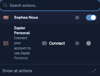 Chat composer Actions menu showing a Zapier app with a Connect button and an unavailable app switch until the current user supplies personal credentials.