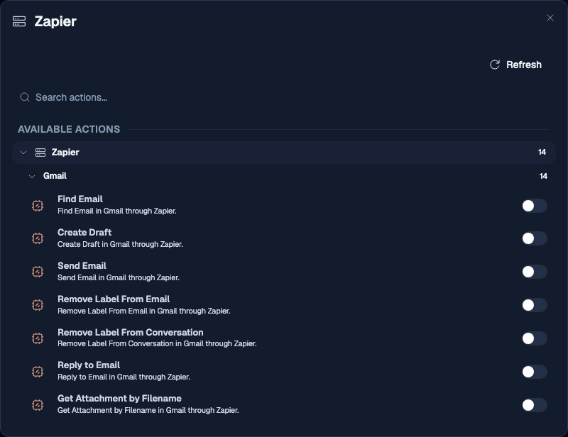 Zapier app configuration with a Gmail provider group and independent switches for enabled actions such as Find Email, Create Draft, and Send Email.