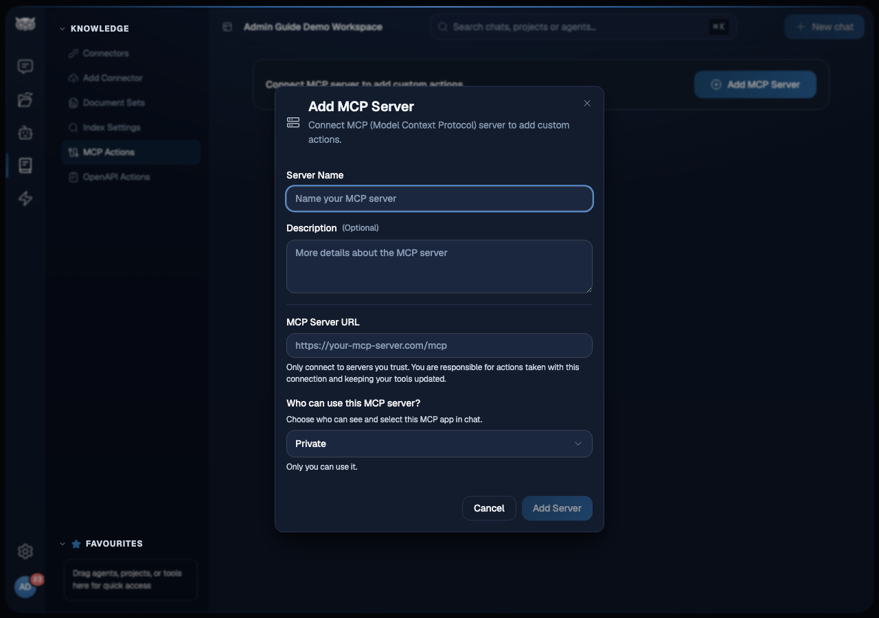 Modal dialog titled Add MCP Server with Server Name, Description, MCP Server URL, and access scope fields. Private is selected by default.