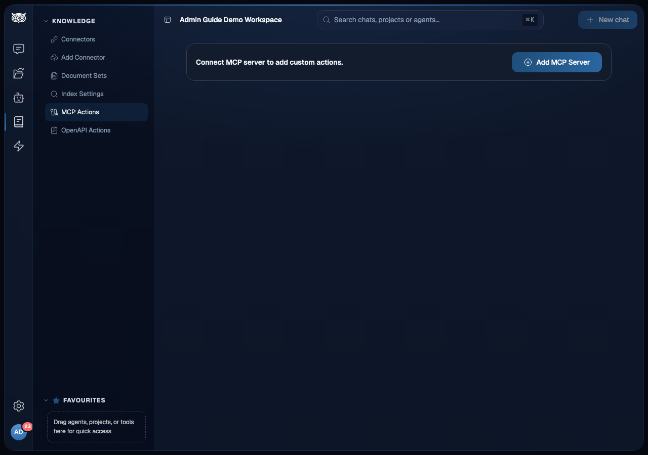 MCP Actions page with MCP Actions selected in the Knowledge sidebar alongside connector and OpenAPI navigation. The main area shows the MCP Actions heading and an Add MCP Server button.