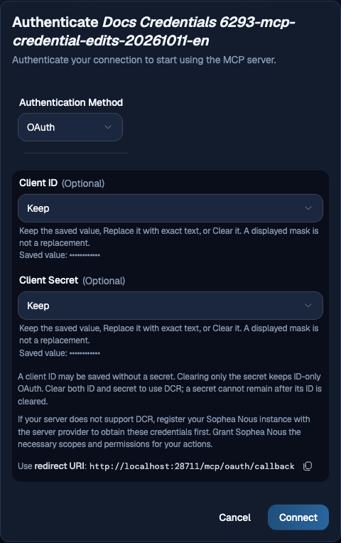 Authenticate modal for an MCP server in OAuth mode with masked Client ID and Client Secret values and Keep selected for both fields; no credential is shown.