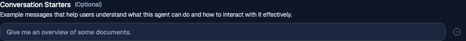 Conversation starters section with a single input field showing a placeholder example prompt.