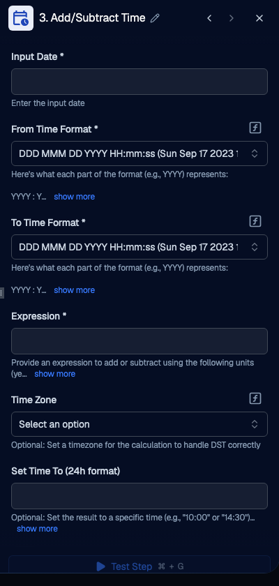 Add/Subtract Time settings with the From Time Format and To Time Format defaults selected