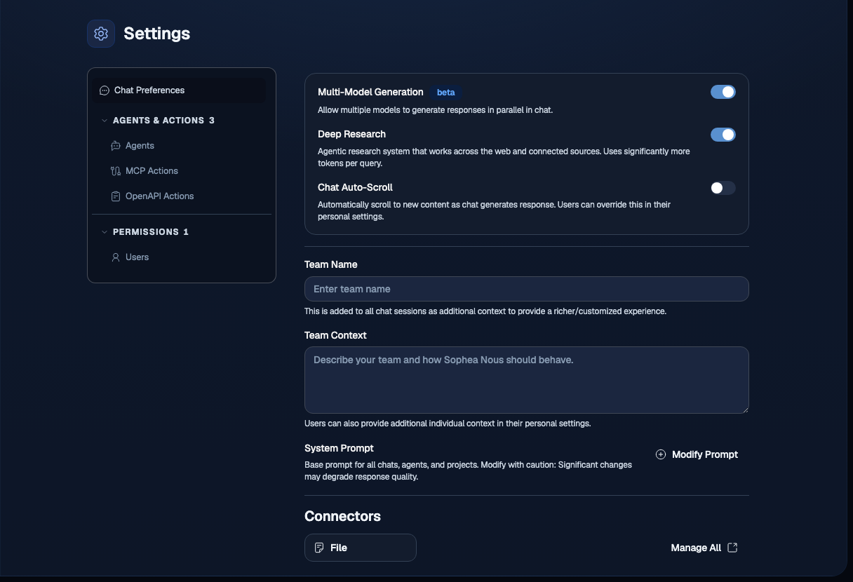 Sophea Nous Settings admin panel with Chat Preferences selected, showing Multi-Model Generation, Deep Research, and Chat Auto-Scroll toggles, plus Connectors quick view and Actions and Tools section