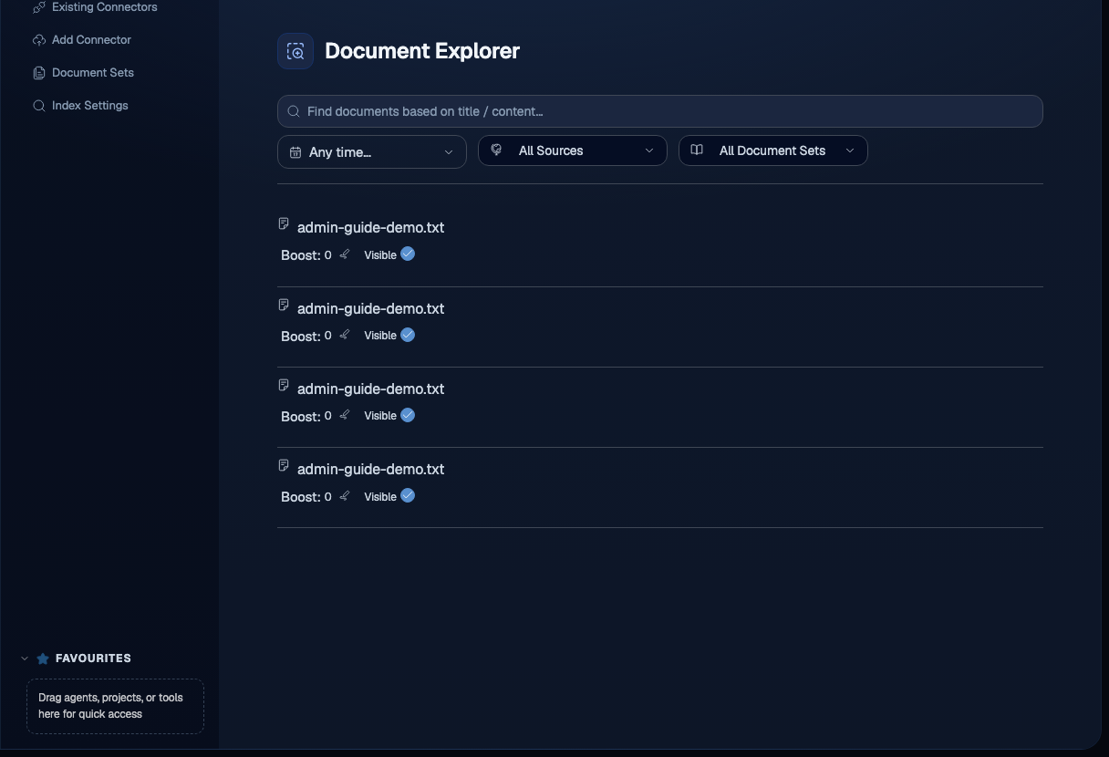 Document Explorer search field with Any time, All Sources, and All Document Sets filters