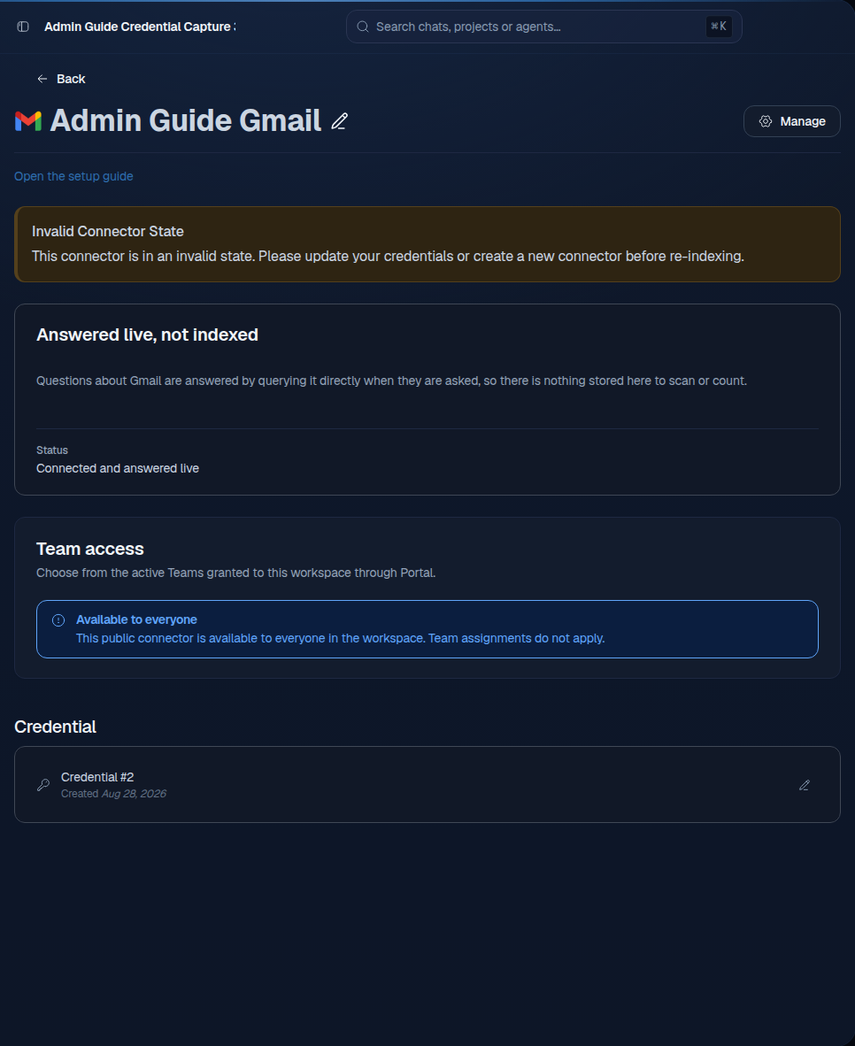 Classic Gmail connector detail page showing an invalid credential warning and guidance to update the credential before indexing resumes