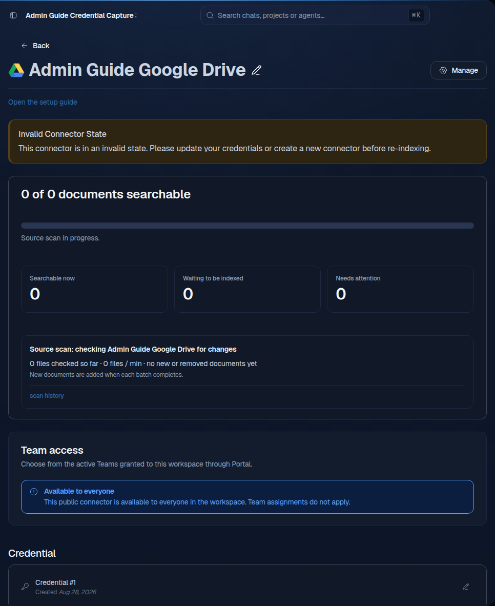 Google Drive connector detail page showing an invalid credential warning and guidance to update the credential before indexing resumes