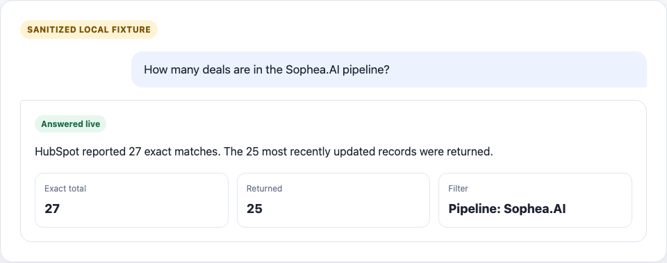 A live HubSpot answer that reports 27 exact matches and says that 25 records were returned.