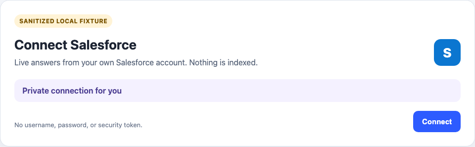 A private Salesforce connector setup card with a Connect button and no username, password, or token fields.