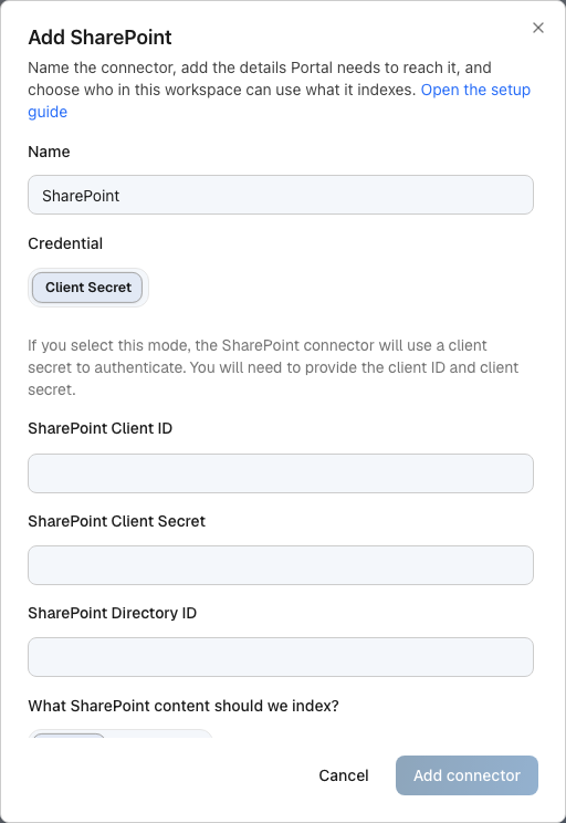 Portal Add SharePoint dialog with empty SharePoint Client ID, Client Secret, and Directory ID fields. Certificate Authentication is not offered.