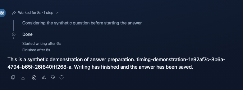 Answer details with a one-line collapsed header, expanded to show the steps and two timing lines: when writing started and when the answer finished.