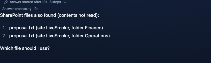 Knowledge Search lists two proposal.txt files in different folders and asks which one to use.