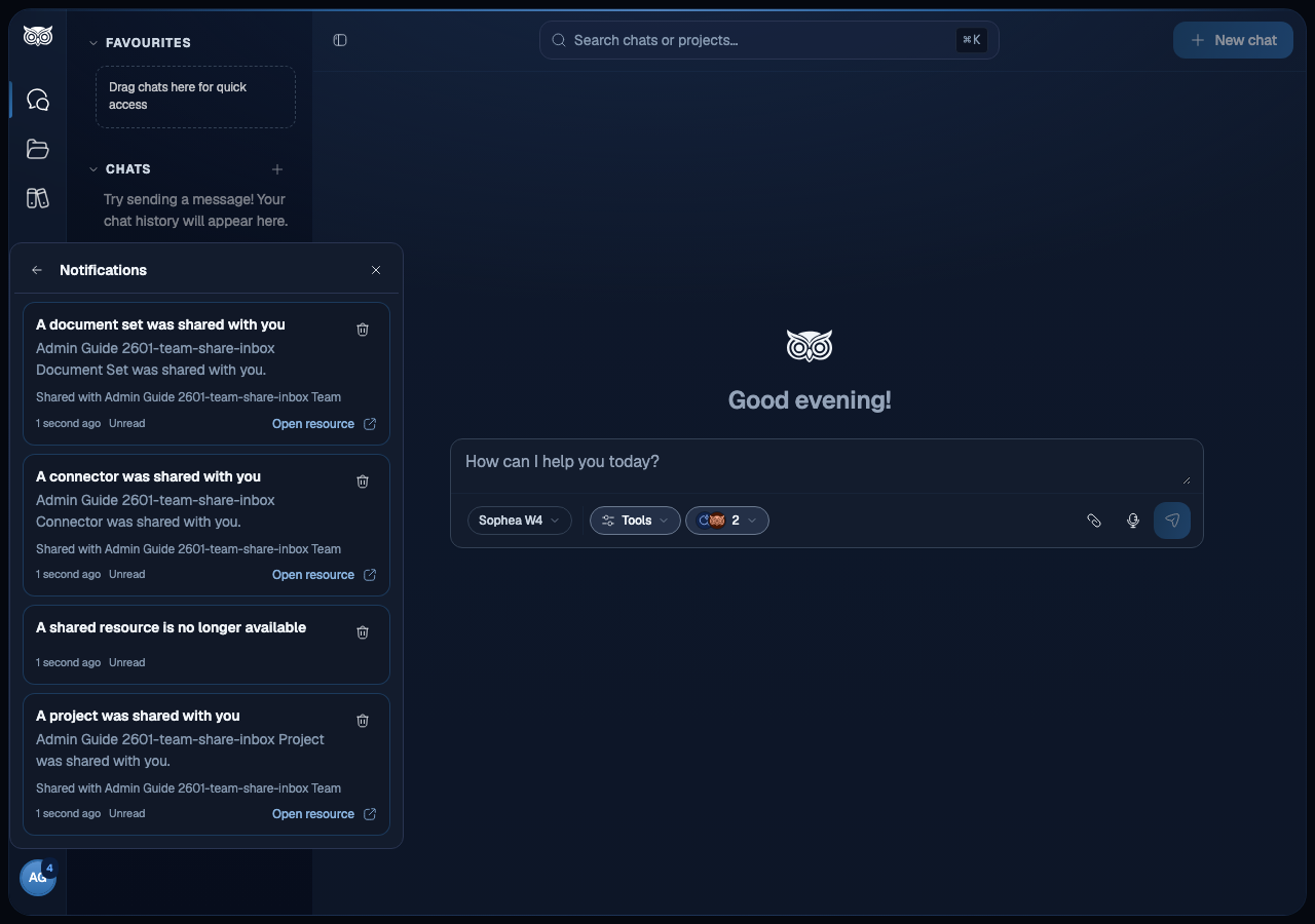 In-app notifications inbox on desktop showing a Team-share notification row with resource link, Team names, and received time
