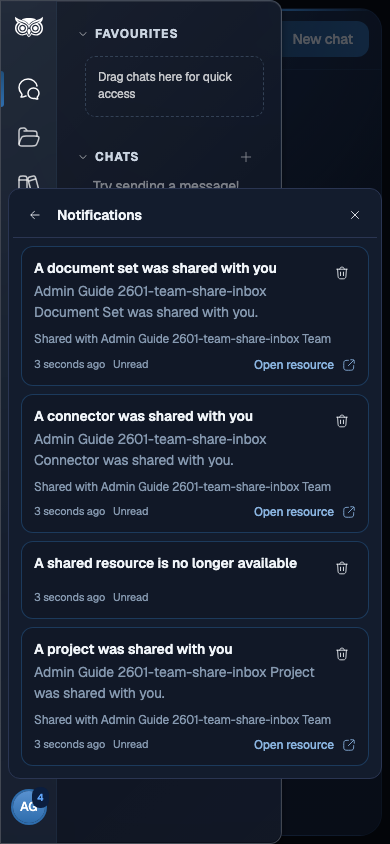 In-app notifications inbox at a mobile width showing Team-share notification rows