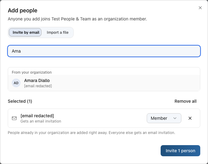 Add people dialog with the Invite by email tab active, a selected address, and a per-person role control set to Member