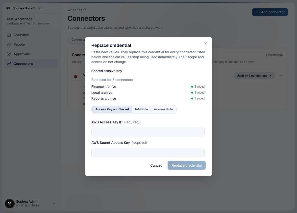 Replace credential dialog listing the Finance archive, Legal archive and Reports archive connectors and empty AWS access key fields