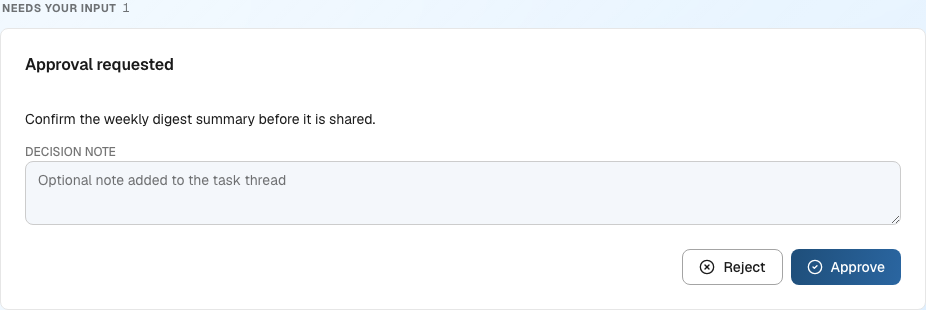 Portal employee Activity tab showing the pending approvals section with request text, note field, and Approve and Reject buttons
