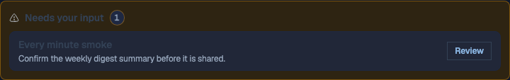 Nous employee Activity feed showing the Needs your input strip for a pending approval with a Review action