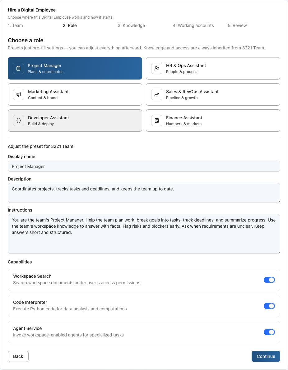 Portal Hire a Digital Employee wizard on the role step, with team and role preset selectors plus the editable identity, description, instructions, and capability controls
