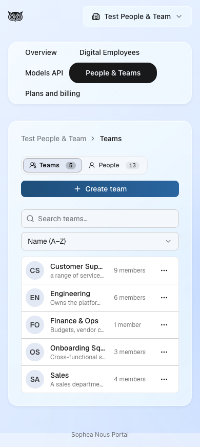 Portal Teams list at phone width with each row showing the Team name, description, and member count