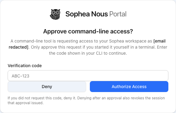Portal Authorize Coding Agent page showing a verification code entry field, the Sophea Nous Portal logo, and an Authorize Access button